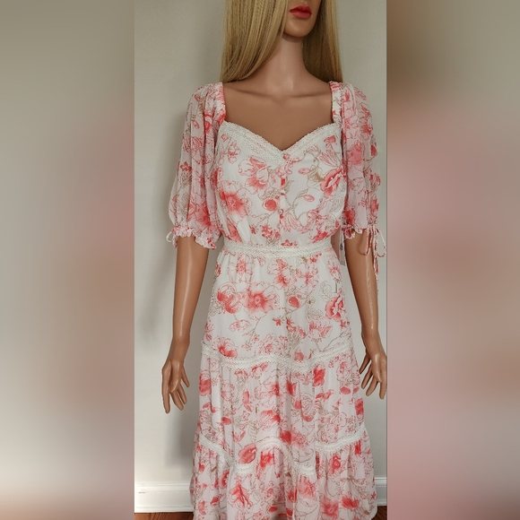 NWT RACHEL PARCELL PINK ROSE FLORAL TIERED BALLON SLEEVES MIDI DRESS 6 MEDIUM - Picture 2 of 14